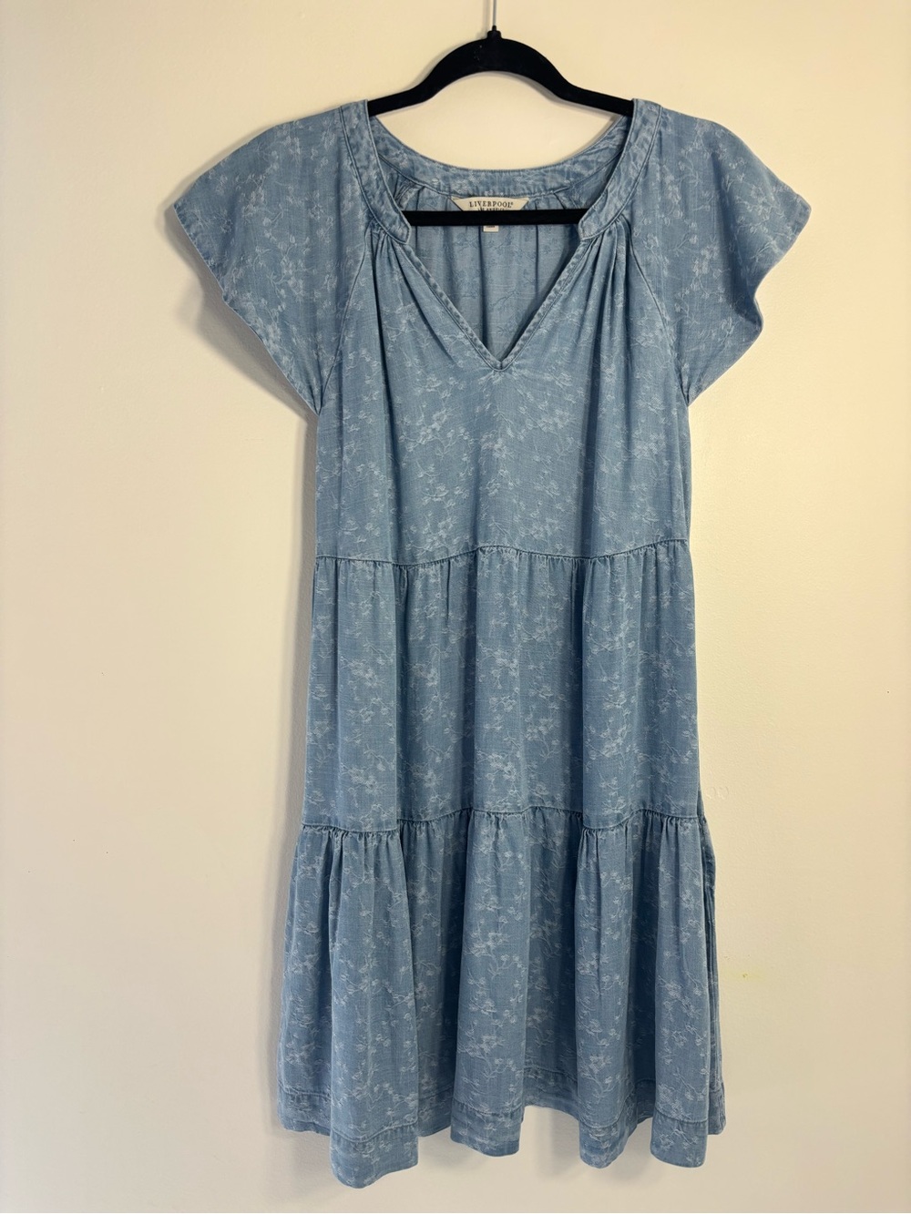 Liverpool LA Light Blue Jean Floral Tiered Midi Dress
